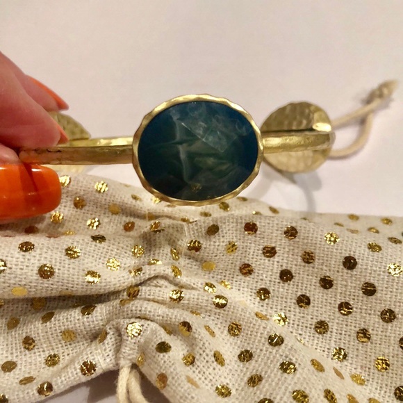 Gold Hammered Bangle Bracelet with Blue Stones - Picture 7 of 7